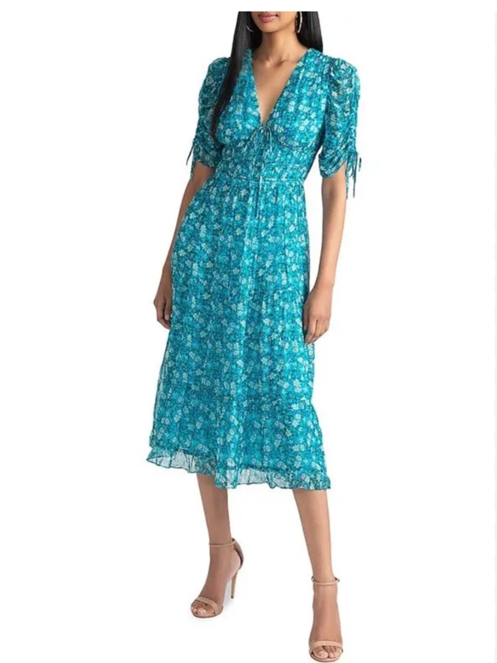 Shoshanna Danli Floral Chiffon blue midi dress with metallic gold. Size 6